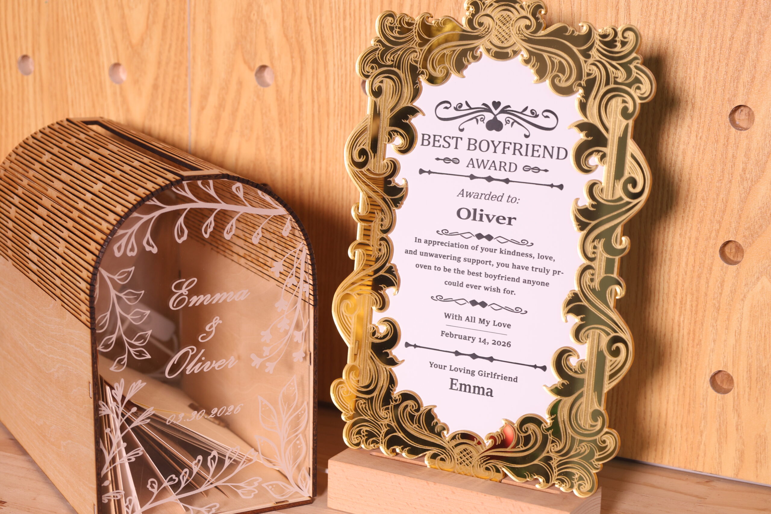 A well laser engrave&cut certificate for valentine's day gift
