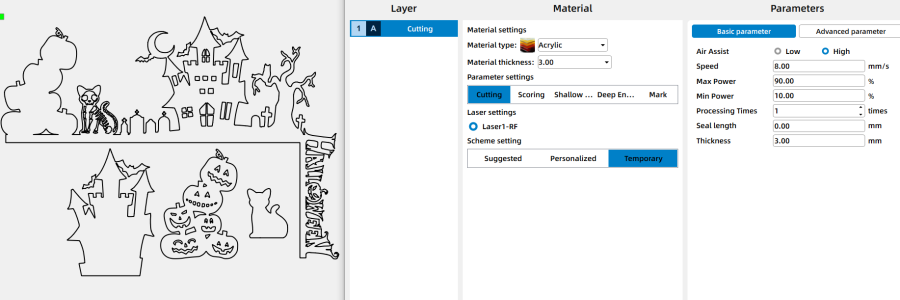 Parameters of laser cutting a halloween door decor