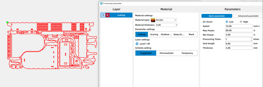 parameters for laser cutting an acrylic piano model